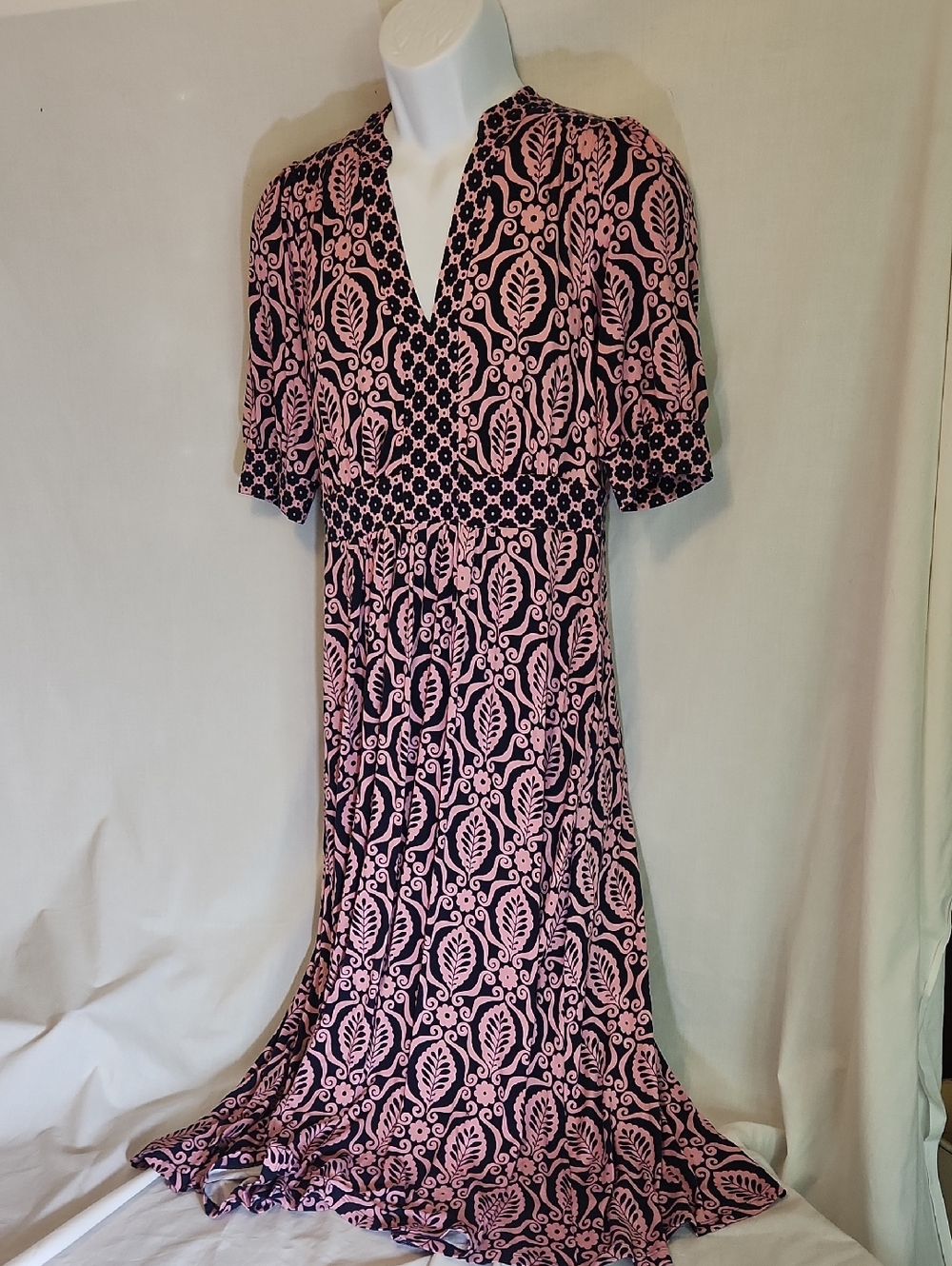 Boden Pink and Black Floral-Leaf Maxi Dress